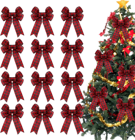 12 Pack Christmas Wreath Bow Buffalo Plaid Bows, Red and Black Christmas Tree Bows Xmas Bows Decoration for Indoor and Outdoor, (8 x 10 Inches)