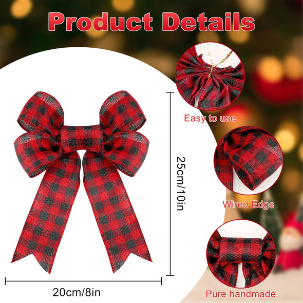 12 Pack Christmas Wreath Bow Buffalo Plaid Bows, Red and Black Christmas Tree Bows Xmas Bows Decoration for Indoor and Outdoor, (8 x 10 Inches)