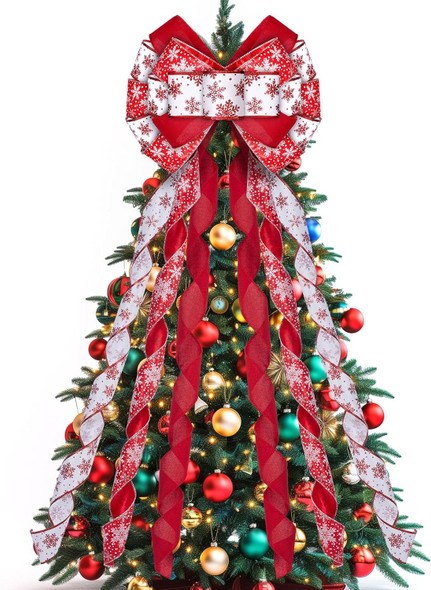 Christmas Tree Topper Wreath Bow, 48x13 Inches Large Christmas Bow with White Snowflakes, Decorative Ribbon Bows for Xmas Tree Wreath Door Festival Home Decor(Red & White)