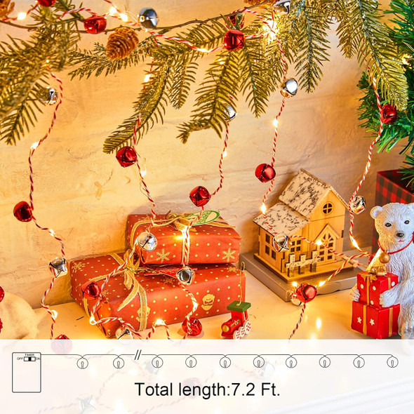 Christmas String Lights, 7.2ft 20 LEDs Battery Powered Jingle Bell Lights for Christmas Winter Festival Indoor, Xmas Tree, Fireplace, Decor, Red/Silver Bells