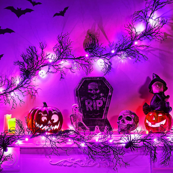Brightown Halloween Decorations Garland with Lights, 6 Feet 20 LED Purple Lights Vine Garland Lights with Spider, Skull, Battery Operated Halloween Lights for Fireplace Mantle Wall Table Door