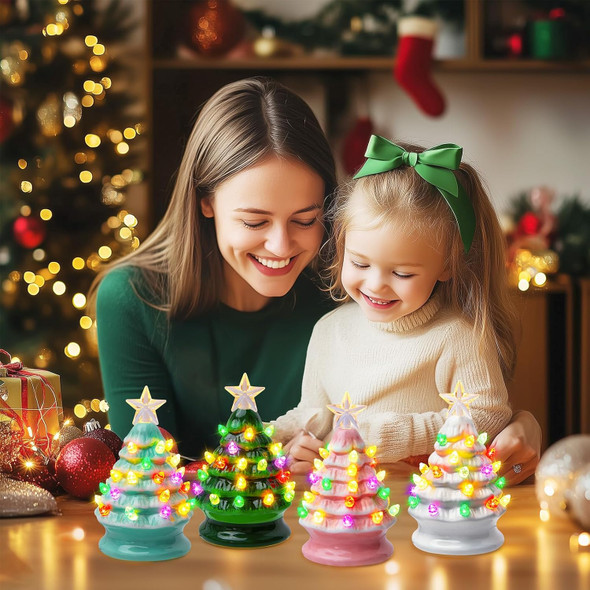 5 Inch Mini Ceramic Christmas Tree Set - 4 Pack Pre-lit Tabletop Christmas Tree with Multicolored LED Light, Battery Operated Small Lighted Tree for Home Table Holiday Decoration, 2 White and 2 Green