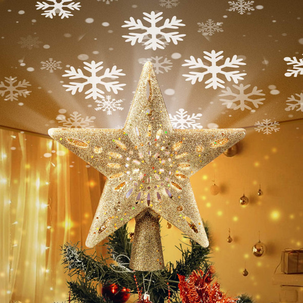 Christmas Star Tree Topper with Built-in Led Snowflake Projector Lights Hollowed Pentagram Tree Topper,Plug in Christmas Tree Ornament for Indoor Office Xmas Year Holiday Tree Decoration