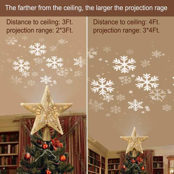 Christmas Star Tree Topper with Built-in Led Snowflake Projector Lights Hollowed Pentagram Tree Topper,Plug in Christmas Tree Ornament for Indoor Office Xmas Year Holiday Tree Decoration