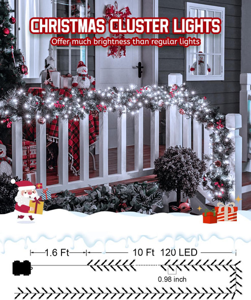 Brightown Christmas Cluster Lights Battery Operated Outdoor, 10Ft 120 LED Christmas Tree Lights Firecracker String Lights Waterproof Twinkle Lights for Indoor Wreath Xmas Tree Decorations, Cool White