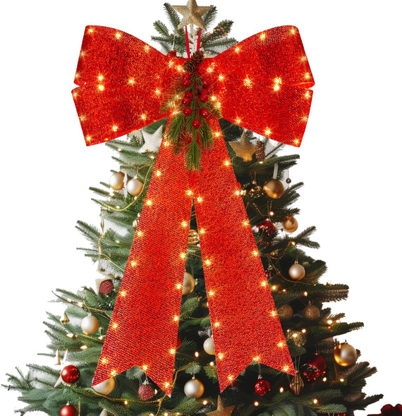 LED Red Bows Christmas Decorations, 16'' x 24'' Christmas Bows for Wreaths with Timer, Tree Topper Bow with Realistic Red Berries Pine Cone Needles for Christmas, Party, Home Decoration