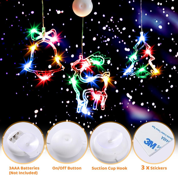 Brightown 3 PCS Lighted Christmas Window Decorations Light up Bell X-Mas Tree Reindeer Battery Operated with Suction Cup Hook for Christmas Window Glass Wall Indoor Decorations Muti-Color