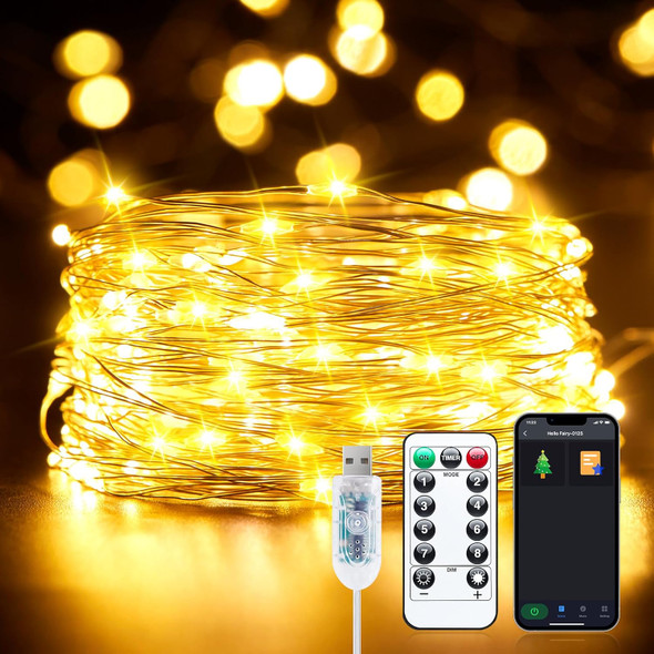 Smart USB Fairy Lights Plug in, 33Feet 100LEDs Bluetooth Twinkle Lights with Timer and Remote, App Control Starry String Lights for Wreath Wedding Party Indoor Christmas Decoration, Warm White