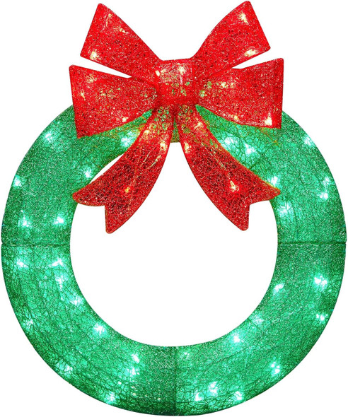 Brightown 24in Lighted Christmas Wreath Decorations, Outdoor Christmas Wreaths Holiday Decor with Bow Ribbon 60 LED Lights for Front Door Windows, Xmas s, Party Supplies, Home, Patio Lawn, Garden