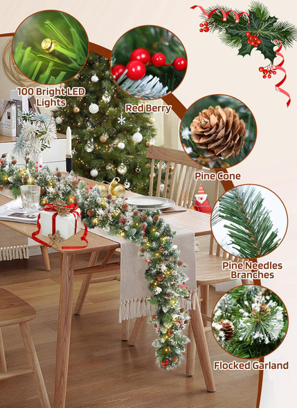 Brightown Christmas Garland with Lights, 9ft 100LED Battery Operated Garland Decorated with Pine Cones, Berry, 8 Light Modes & Timer, Indoor & Outdoor Christmas Lights for Stairs Fireplace Door Fences