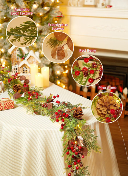 Brightown Christmas Garland with Lights, Battery Operated, 6 Ft 20 LED Lighted Pine Leaves Garland Decorated with Pine Cones, Berry, Eucalyptus Leaves, Indoor Christmas Lights for Mantle Stairs Wall
