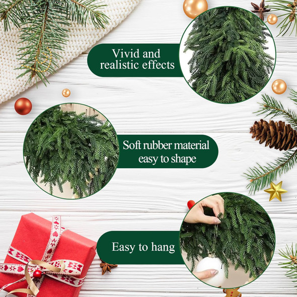 9 FT Real Touch Norfolk Pine Garland Green Artificial Christmas Garland Faux Greenery Garland for Holiday Fireplace Mantle Window Indoor Outdoor Decor, Winter Christmas Decorations (1 PCS)
