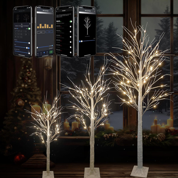 4FT 5FT 6FT Christmas Tree with Lights, 3PACK Smart Lighted Birch Tree with APP Home Decor, Warm White, Timing, Dimmer, Group Control, Music Sync, Christmas Room Decorations Indoor/Outdoor Use