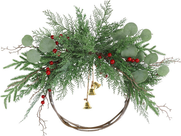 Bsmathom 20 Inch Artificial Christmas Wreath with Packaging, Artificial Door Wreath with Bell,Red Berry Leave Faux Wreath for Holiday Party Indoor Outdoor Windows Walls Decoration