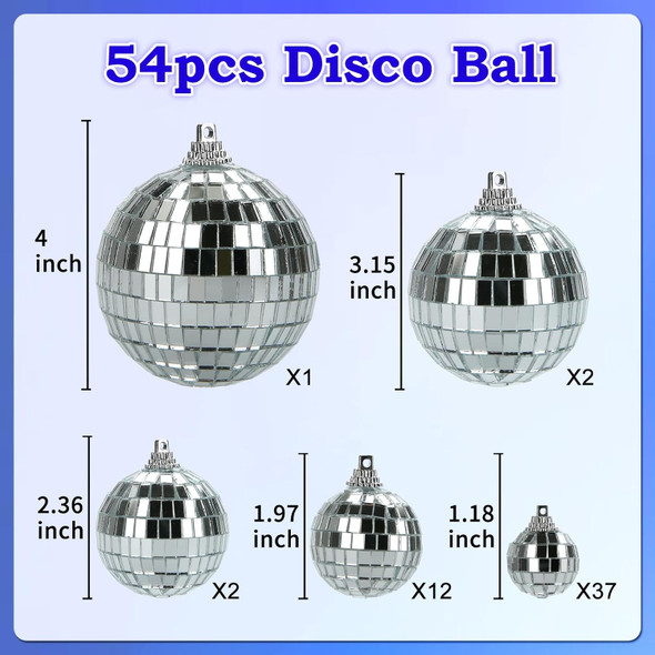 54Pack Disco Ball, Hanging Mirror Disco Ball Ornaments 70s Disco Party Decorations Mini Silver Reflective Christmas Balls for Holiday Wedding Xmas Tree Home Decor
