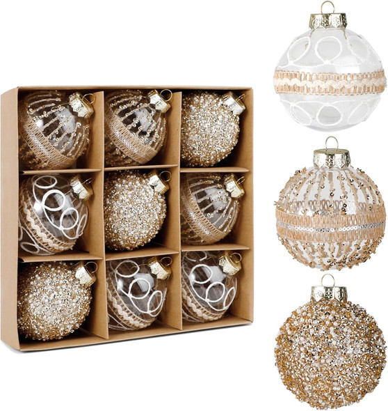 9 Pcs 80mm/3.15" Christmas Ball Ornaments Set, Large Clear Champagne Christmas Tree Decorations Plastic Shatterproof Hanging Balls for Xmas Glitter Farmhouse Boho Ornaments for Holiday Wedding Party