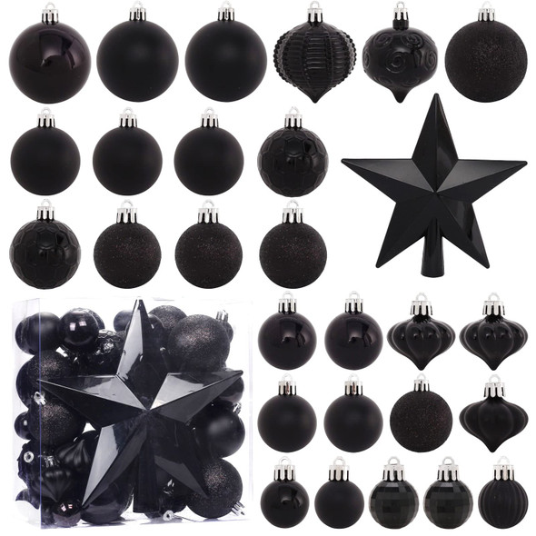 52-Pack Shatterproof Black Christmas Tree Ornaments and Star Topper - For Holiday Decor
