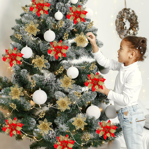 BSTDECOR Red Gold Poinsettia Flowers for Christmas Tree, 28 Pack Christmas Flowers Artificial and Berry Stems for Christmas Decorations Home Decor for Holiday Weeding Wreath Party Indoor Outdoor