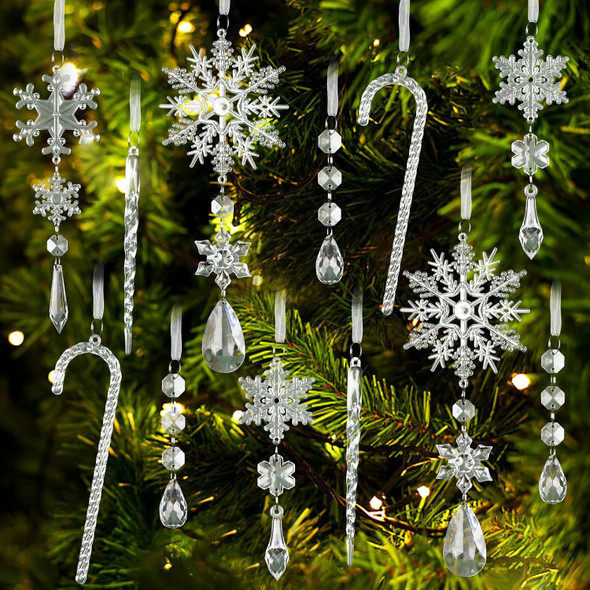 24 pcs Crystal Christmas Ornaments, Hanging Acrylic Snowflake for Christmas Tree Decorations Clear Crystal Ornaments with Icicle Drop for Xmas Decor Year Party Wedding Home Decor Indoor Outdoor