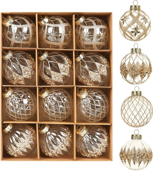 12 PCS Champagne Christmas Ornaments, 80mm/3.15 Inches Clear Christmas Decorations Large Shatterproof Luxury Hand-Painted Xmas Ball Ornaments for Christmas Tree Rustic Farmhouse Wedding Home Decor