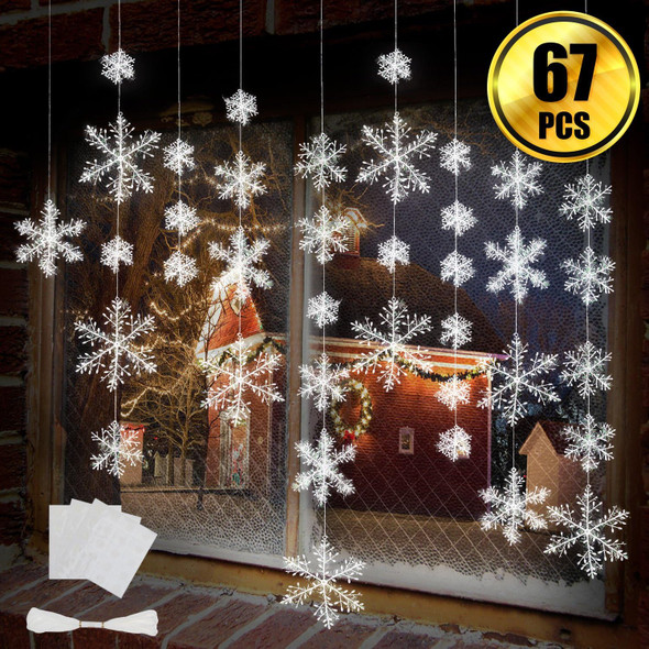 63 Pieces 4 Sizes White Christmas Snowflake Decorations Snowflake Ornaments Garland, 8 Meters White Strings and 60 Pieces Round Double Side Tape for Home Christmas Holiday Party Decorations