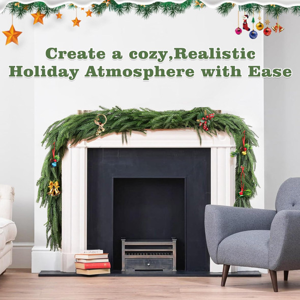 Christmas Norfolk Pine Garlands - Real Touch Greenery Garland Norfolk Pine Artificial Garland Faux Greenery Fake Garland for Holiday, Fireplace, Mantle, Indoor Wedding Christmas Holiday Decor