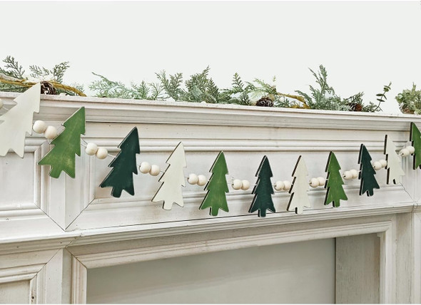 Garland Christmas Decorations Indoor Outdoor: 6.5ft Farmhouse Xmas Tree Wooden Beads Christmas Decor, Cute Rustic Pine Hanging Ornaments Banner for Mantel Fireplace Home Room Wall Window Door Kid