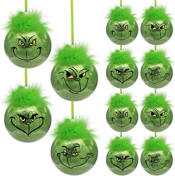 Large Christmas Decorations Indoor: 12 Pack Cute Green Elf Christmas Tree Ornaments with Fuzzy Hair, Glitter Hanging Thief Monster Xmas Balls for Tree Fireplace, Kids Home School Office Party Décor