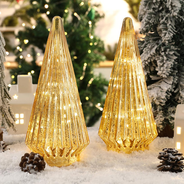 Christmas Decorations Indoor-2PCS Light Up Gold Glass Christmas Tree -Christmas Table Decorations Lighted for Home Living Room Fireplace Tabletop Party