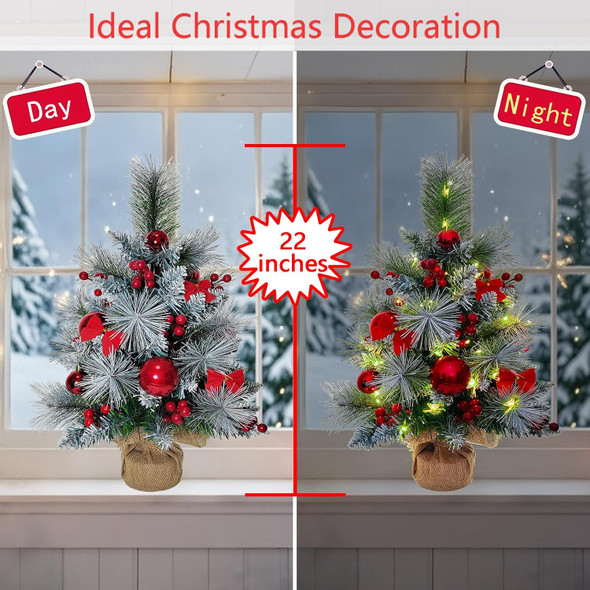 Small Christmas Tree with 50 Lights，22 Inches Artificial Tabletop Mini Christmas Tree with Pine Needle Branches Red Berries Red Bowknots Christmas Decorations for Home Store Party Holiday