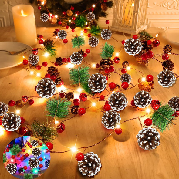 12 Modes & Timer Prelit Christmas Garland Lights, 7 FT Xmas Pinecone Garland 20 Warm White & Multicolored Lights 52 Red Berry 35 Pinecone 9 Bristle 9 Bells Lighted Garland Christmas Decoration Indoor