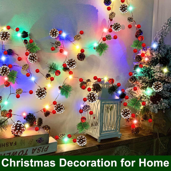 12 Modes & Timer Prelit Christmas Garland Lights, 7 FT Xmas Pinecone Garland 20 Warm White & Multicolored Lights 52 Red Berry 35 Pinecone 9 Bristle 9 Bells Lighted Garland Christmas Decoration Indoor