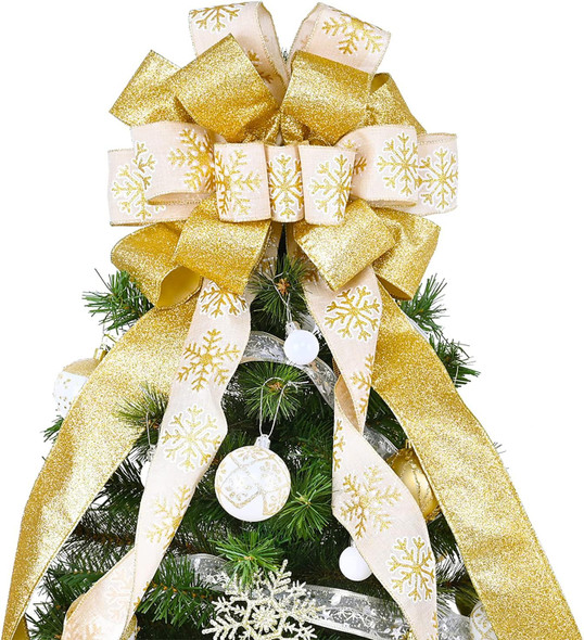 Christmas Tree Topper, 40x13 Inches Toppers Bow with Glitter Satin Mesh Streamer and Patterned Ribbon, Christmas Tree Topper Bow for Christmas Home Decoration (Gold)