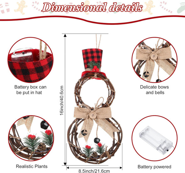 Christmas Lighted Wreath Decoration Snowman Wreath Christmas Large Grapevine Wreath with Hat and Bow Xmas Wall Hanging Ornament for Front Door Home Garden Wall Decor Battery Operated (16 x 8 inch)