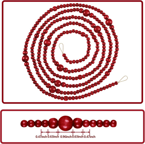 12 Feet Christmas Wooden Beads Xmas Bead Garland Round Craft Bead Garland Farmhouse Bead Garland Vintage Wooden Beads for Christmas Decoration Supplies(Dark Red)