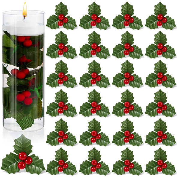 100 Pieces Christmas Holly Berries for Crafts Faux Berry Flowers Holly Leaves and Berries Christmas Wreath Fillers for Christmas Vase Fillers Floating Candle Table Centerpiece