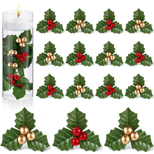 50 Pieces Christmas Holly Berries for Crafts Faux Berry Flowers Holly Leaves and Berries Christmas Wreath Fillers for Christmas Vase Fillers Floating Candle Table Centerpiece (Red, Gold)