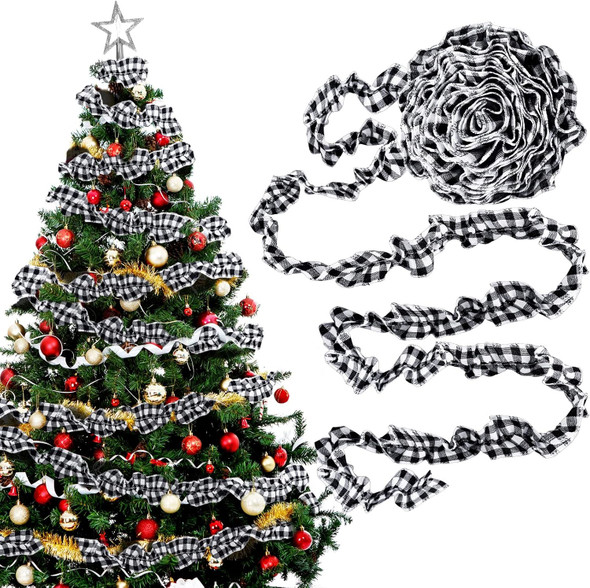 15 Yards Plaid Christmas Tree Garland Christmas Buffalo Plaid Ribbon Ruffled Homespun Fabric Garland Christmas Tree Ribbon Decorations for Christmas Home Wreath Staircase Tree Decor (White and Black)