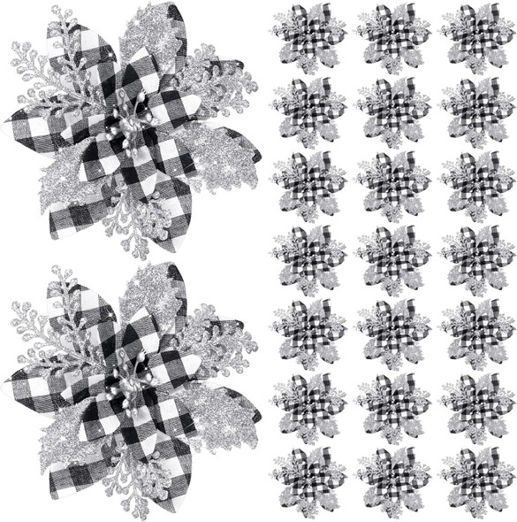 5.7 Inch Artificial Poinsettias Christmas Glitter Flowers with Clips Xmas Tree Flower Ornament Poinsettias Decor (Black and White Buffalo with Silver Petals,24 Pieces)