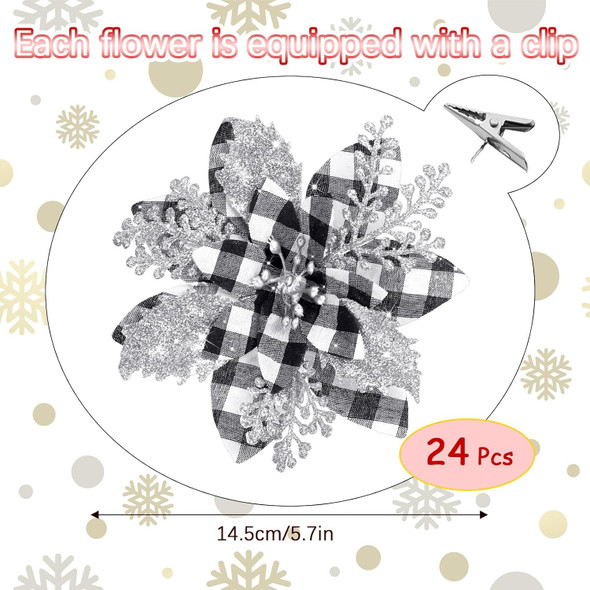5.7 Inch Artificial Poinsettias Christmas Glitter Flowers with Clips Xmas Tree Flower Ornament Poinsettias Decor (Black and White Buffalo with Silver Petals,24 Pieces)