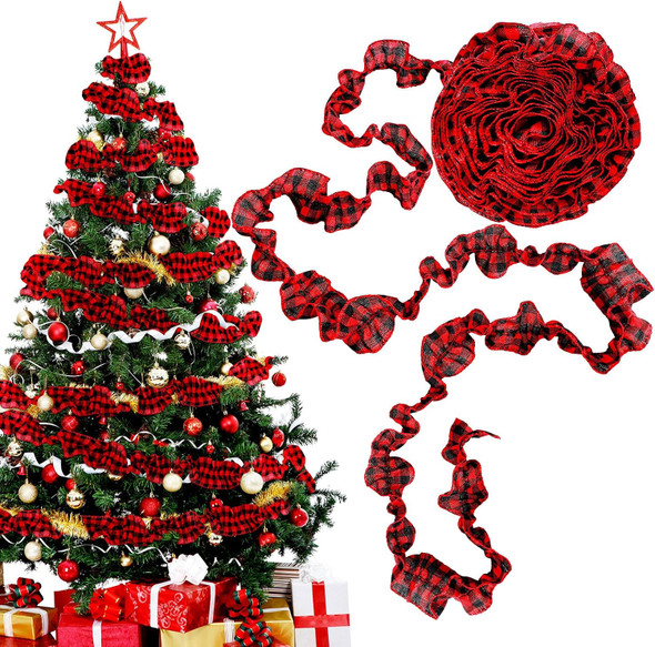 15 Yards Plaid Christmas Tree Garland Christmas Buffalo Plaid Ribbon Ruffled Homespun Fabric Garland Christmas Tree Ribbon Decorations for Christmas Home Wreath Staircase Tree Decor (Red and Black)