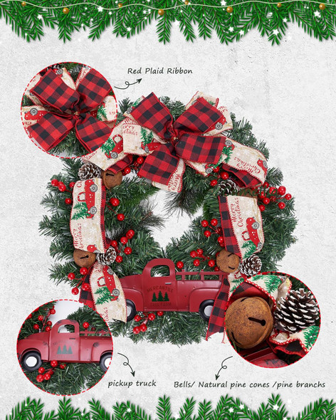 Christmas Door Wreath 20inch, Artificial Red Truck Winter Wreath with Hook Pine Branches Wreath for Front Door Outdoor, Plaid Bow Christmas Wreaths for Windows Wall Home Décor Ornaments