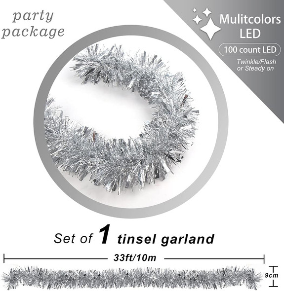 CCINEE Christmas Prelit Tinsel Garland, 33 Ft Silver Hanging Garland with 100 Multicolored Battery Operated LED String Lights for Christmas Tree Decorations Wedding Party Supplies