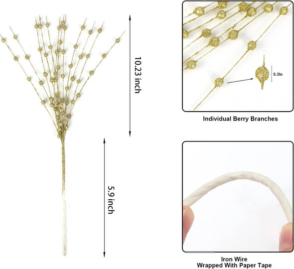 CCINEE Gold Artificial Glitter Berry Stem Ornaments, 10 pack 19.7 inches Fake Christmas Picks Decorative Glitter Bead Sticks for Christmas Tree DIY Wreath Crafts Vase Fireplace Holiday Home Decor