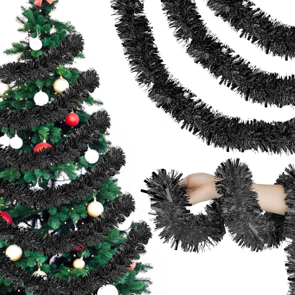 33 Feet Black Christmas Tinsel Garland, Christmas Metallic Hanging Tinsel Garland for Halloween Xmas Tree Home and Party Decoration
