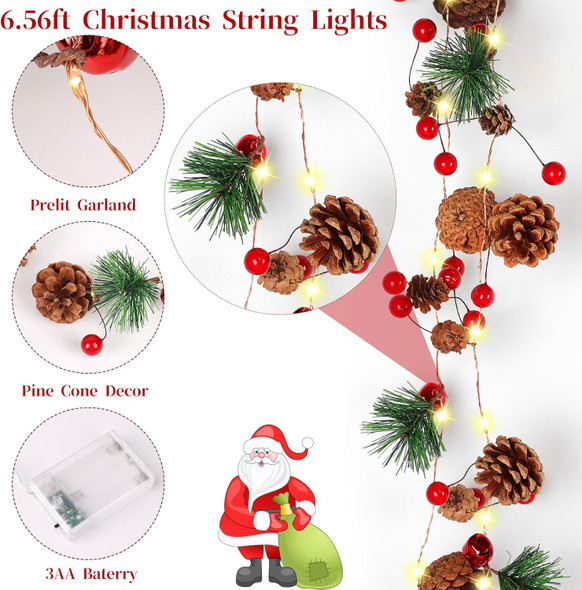 CCINEE 6.56ft Christmas Pine Cone Garland, Light up Garland String Lights Battery Operated Christmas Decor with Red Berry Pine Cone Indoor Decorations for Fireplace