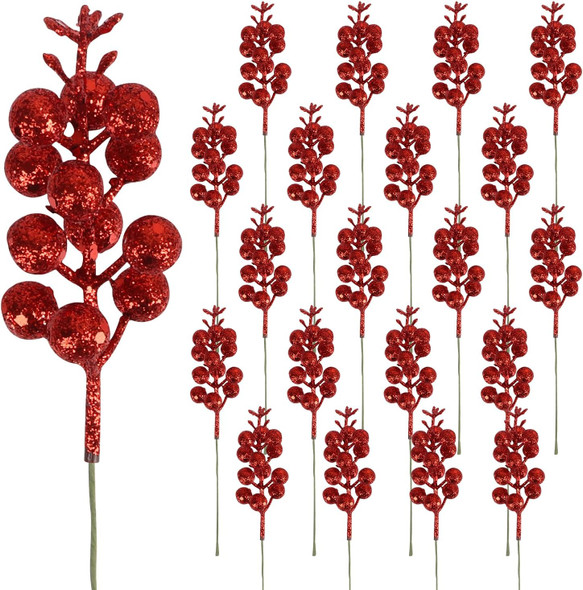 CCINEE 20pcs Glitter Christmas Red Berry Stems,7.8Inch Xmas Artificial Glitter Berry Branches for Christmas Tree Ornaments DIY Xmas Wreath Picks Crafts Home and Holiday Decor