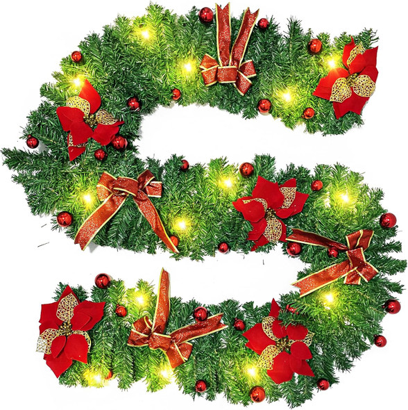 9ft Pre-lit Christmas Garland with Lights,Christmas Garlands for Stairs Railing,Pine Garland with Red Bows and Flowers,Christmas Decoration,Fireplace