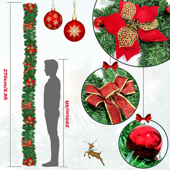 9ft Pre-lit Christmas Garland with Lights,Christmas Garlands for Stairs Railing,Pine Garland with Red Bows and Flowers,Christmas Decoration,Fireplace