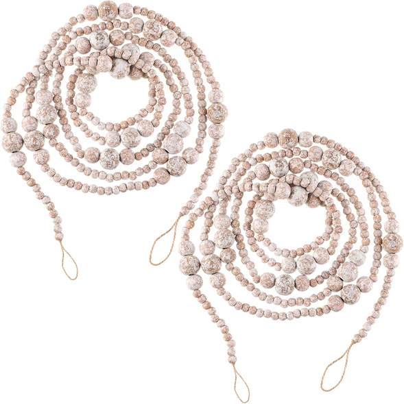 Ceenna 2 Pcs 18 ft Christmas Wood Bead Garland without Tassels 9ft Wooden Beads Garland Rustic Farmhouse Beads Boho Beaded Garland Decor Wooden Bead Garland Decor for Home Boho Decor (White Frost)